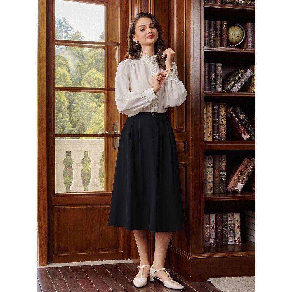6838 Casual Midi Skirt A Line High Elastic Waisted Pleated Vintage Skirt - Picture 3 of 8